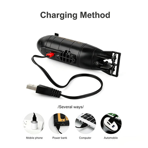 Mini RC Submarine for Kids With 6 Channel Remote Control Waterproof Diving Boat USB Charging Toy showing USB charging cable