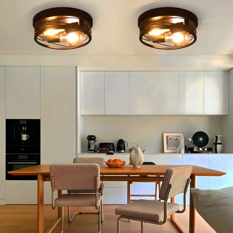 Farmhouse Black 2 Light Flush Mount Ceiling Light Fixture With Industrial Metal Cage Shade in modern dining room setting