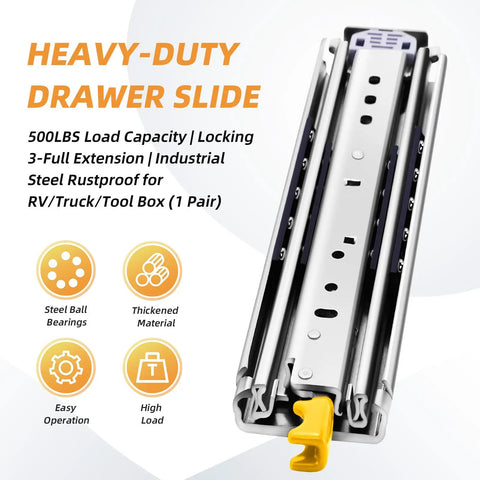 Heavy Duty Drawer Slides with Lock, 500Lbs load capacity, steel ball bearings, rustproof for tool boxes.