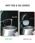 Comparison of lightweight eye protection glasses with clear no fog lenses and ordinary lens showing fog resistance on steam