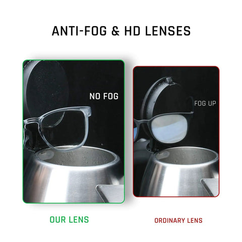 Comparison of lightweight eye protection glasses with clear no fog lenses and ordinary lens showing fog resistance on steam