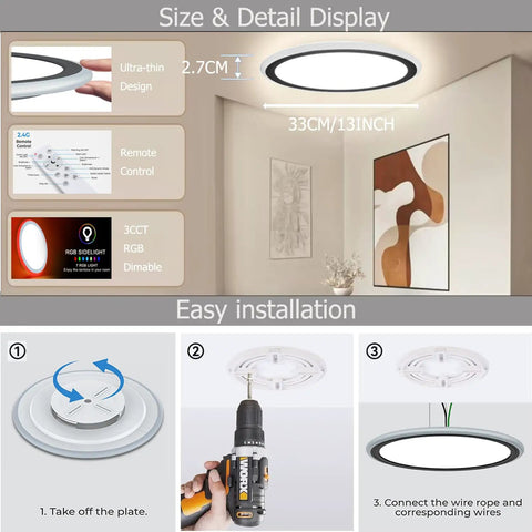9 Inch LED Flush Mount Ceiling Light 24W 2880LM 5000K Day White Flicker Free Slim Surface Mount Black Fixture installation guide