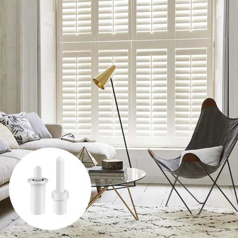 85 Pcs Plantation Shutter Repair Kit Game Changer Includes Spring Loaded Pins And Tilt Rod Louver Staples displayed with a living room setting.