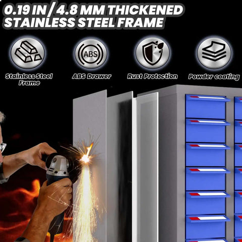 Man welding 75 Drawer Parts Cabinet For Garage And Workshop with stainless steel frame and blue ABS drawers