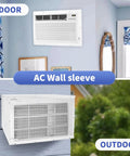 Indoor and outdoor view of 26 Inch PTAC Wall Sleeve For Through The Wall Air Conditioner With Decorative Frame and Mesh Backplate