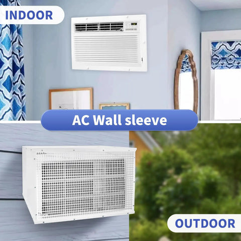 Indoor and outdoor view of 26 Inch PTAC Wall Sleeve For Through The Wall Air Conditioner With Decorative Frame and Mesh Backplate