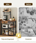 Comparison of organized versus cluttered kitchen showcasing Rustic Brown Five Tier Bakers Rack With Storage And Pod Drawer Holder Dope Coffee Bar Station For Living Room And Kitchen Organize Mugs Pods And Accessories In One Durable Kitchen Stand.