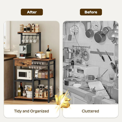 Comparison of organized versus cluttered kitchen showcasing Rustic Brown Five Tier Bakers Rack With Storage And Pod Drawer Holder Dope Coffee Bar Station For Living Room And Kitchen Organize Mugs Pods And Accessories In One Durable Kitchen Stand.