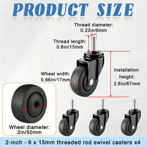 Heavy Duty TPE Rubber Caster Wheels Set Of 4 1.5 To 2 Inch No Brake Stem Castors With 360 Degree Silent Spin M6 M8 M10 Threaded Stems 38 To 50mm Diameter 17mm Wide Fits Small Carts And Furniture, showing product size details