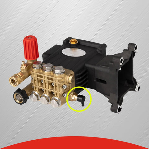 Side view of brass thermal release valve for pressure washer pump, 1/4 inch NPT, with red adjustment knob.