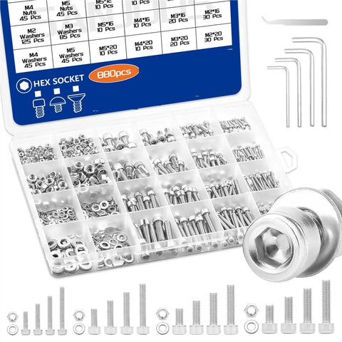 880 Piece Metric Bolt Set M2 To M5 Stainless Steel Hex Bolts Nuts And Washers Assortment Kit in organized case