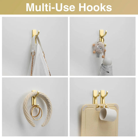 Heavy Duty Adhesive Wall Hooks For Bathroom Towels And Outerwear, Drill Free Stick On Mounts With Nasty Strong Grip, Rust Proof Gold Plating, Four Pack Home Upgrade