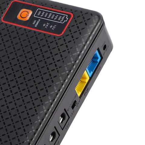 Keep Your Home Net Running Smooth With This Compact Mini UPS For Routers And Modems Housing A Solid 20800 Mah Cell That Hands You Up To 10 Hours Of Unbroken Wifi Right Through Blackouts EU Plug side view showcasing power indicators and output connections.