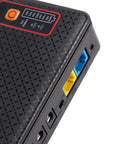Mini Ups Battery Backup 20800mAh Us Plug Power Supply For Routers And Modems connection ports and power button from top angle.