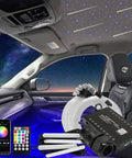 Car interior with 6W RGBW Meteor Fiber Optic 3 in 1 Lights Kit, shooting star effect, 450 fiber strands, remote and app controls visible