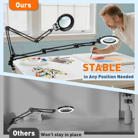 Man using 12X Magnifying Glass With Light And Stand, Extra Long Arm Overhead Magnifier for workbench crafting and sewing, LED lighted.