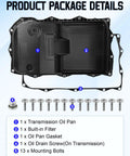 Product package details for Transmission Oil Pan Heavy Duty Kit With Gasket For 8 Speed Automatic Transmissions 265 850 Built In Filter Drain Plug Oil Fill Plug Includes 13 Screws Fits 2013 2021 Dodge Chrysler Jeep Ram Vehicles, pan and gasket