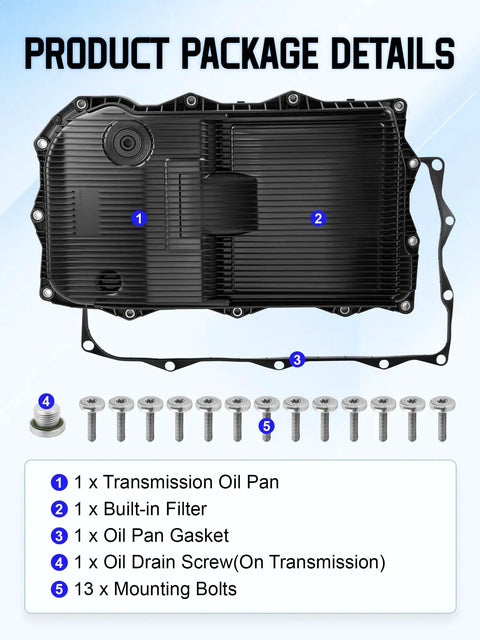 Product package details for Transmission Oil Pan Heavy Duty Kit With Gasket For 8 Speed Automatic Transmissions 265 850 Built In Filter Drain Plug Oil Fill Plug Includes 13 Screws Fits 2013 2021 Dodge Chrysler Jeep Ram Vehicles, pan and gasket