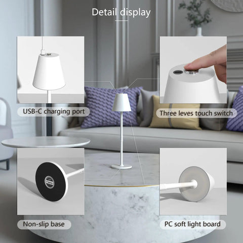 LED Cordless Table Lamp With 4000mAh Rechargeable Battery Three Brightness Levels Metal Shell Minimalist Design Detail Display