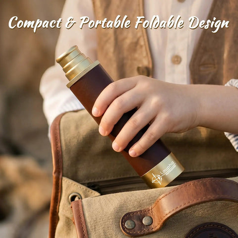 Old School Pirate Spyglass Monocular Telescope 25x30 Zoomable Pocket Size Handheld Collapsible With BAK4 Lens Leather Grip For Kids And Outdoor Explorers For Camping Trips And Sailing, child holding it