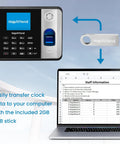 Real Deal Offline Time Clock For Small Business Crews showing USB data transfer to computer with included 2GB stick.
