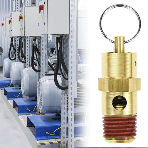 Brass pressure relief valve with 1/4 in NPT thread and ring handle for air compressors.