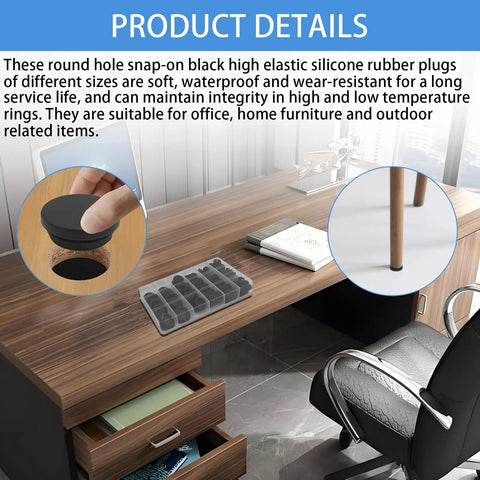 Premium T Shaped Silicone Plugs And Screw Caps For Furniture Cabinets And Garage Gear With Seventy Piece Mix Of Sixteen Rounded Sizes For That Pro Level Sweet Finish, black snap-on silicone plug in wooden desk hole.