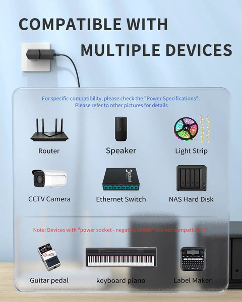 Compatibility chart for Universal 12V 1A Power Adapter With Dual Barrel Plug 5.5x2.1mm And 2.5mm, 6ft Cord, devices shown include router, speaker, light strip, CCTV camera, Ethernet switch, NAS hard disk, guitar pedal, keyboard piano, label maker.