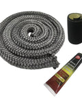 Wood stove door gasket kit with 1-inch gray braided rope, silicone cement tube, and black gasket roll