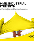 Badass Heavy Duty Nitrile Gloves With 6 Mil Yellow Raised Diamond Texture showing stretch and strength for protection.