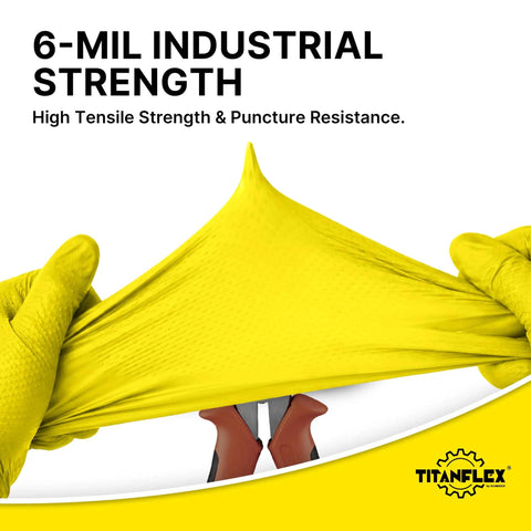 Badass Heavy Duty Nitrile Gloves With 6 Mil Yellow Raised Diamond Texture showing stretch and strength for protection.