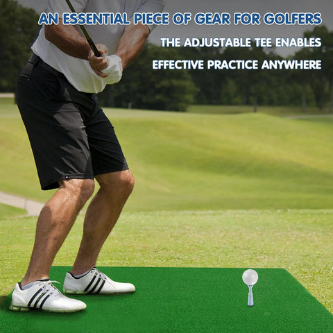 Golfer preparing swing using Three Pack Rotating Height Adjustable Golf Tees for Mats and Driving Range Rubber Tee Adjustable From 2.09 to 2.87 Inches Unbreakable Octopus Holder With Clear Height Markings for Simulator and Practice on mat