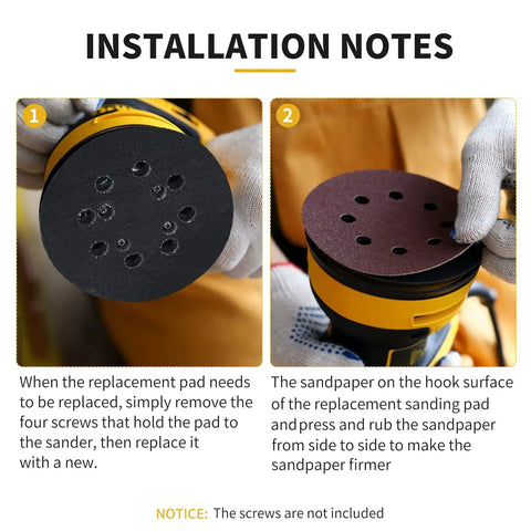 Installation of Five Inch Sander Pad Replacement With Eight Hole Hook And Loop For DeWalt Random Orbital Sanders DWE6421 DWE6423 DCW210B