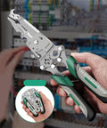 Straight-Up Tough 18-In-1 Folding Wire Stripper And No-Fuss Multifunction Crimping Tool With Integrated Voltage Tester For Automotive Repair And Electrical Jobs Featuring Soft Touch Grips, held in hand.