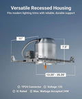 Six Pack 6 Inch Recessed Lighting Housing For New Construction Air Tight IC Rated Hardwired 120 277V TP24 Connector Easy Install UL Title 24 Compliant product with dimensions and specifications.