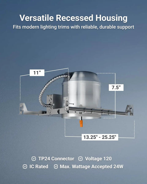Six Pack 6 Inch Recessed Lighting Housing For New Construction Air Tight IC Rated Hardwired 120 277V TP24 Connector Easy Install UL Title 24 Compliant product with dimensions and specifications.