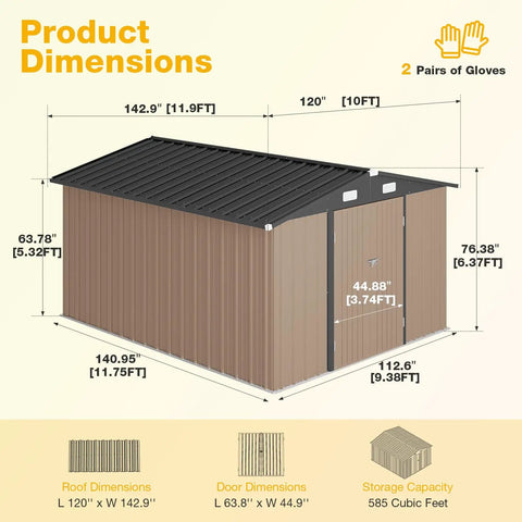 Diagram showing dimensions of Beefy 10x12 Ft Outdoor Metal Shed With Floor And Lockable Double Doors.