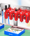 Beefed Up Industrial Grade 5 Stage Air Drying System With 0-150 PSI Regulation, 1/2 Inch NPT Red in workshop setup