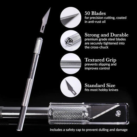 Pro Grade Hobby Knife Set With 1 Precision Craft Knife And 10 Ultra Sharp SK5 No 11 Blades For Paper Vinyl Leather Wood And Polymer Clay Projects Fatigue Free Control And Clean Detailed Cuts, showing knife and blades with safety cap.