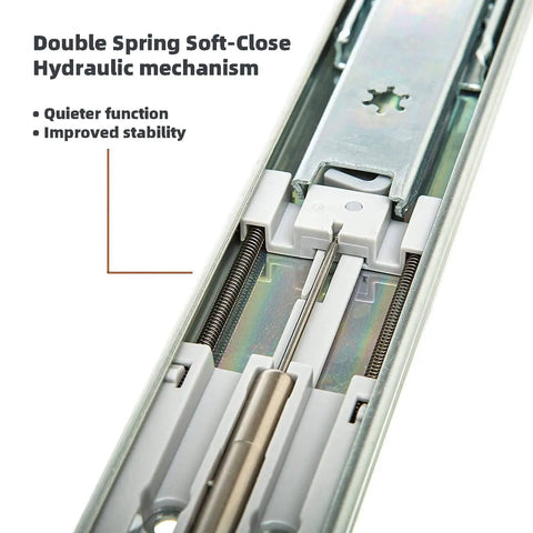 Close-up of 22 Inch Double Spring Soft Close Drawer Slides Full Extension Ball Bearing 100 Lb Capacity Heavy Duty mechanism