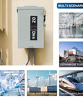 Legit Heavy Duty 3 Pole 30 Amp 240 Volt 3 Wire Ac Disconnect Switch Box with ON/OFF labels mounted on wall for safety.