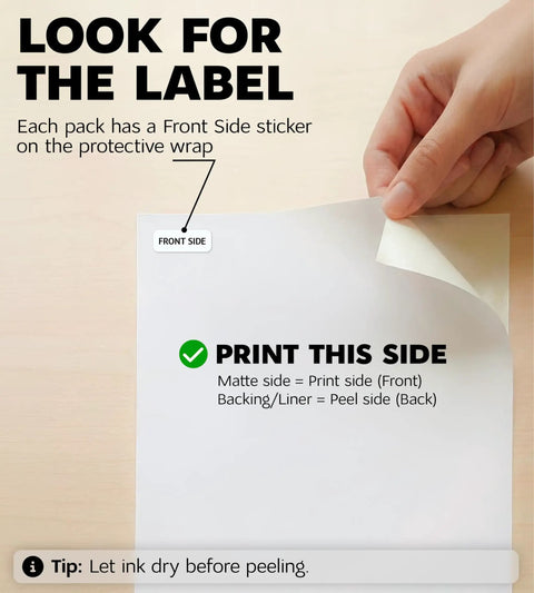 Hand peeling white matte sheet of Printable Vinyl Sticker Paper For Inkjet And Laser Printers, 8.5x11, showing front and back labels.