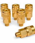 Brass 1/4 Inch NPT Male Air Couplers Set, Six Piece Industrial M Style Quick Connect Fittings For Air Compressors Hoses and Tools
