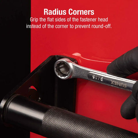 14 Piece SAE Combination Wrench Set With 15 Degree Box End Offset Radius Corner Design Chrome Plated in use on bolt