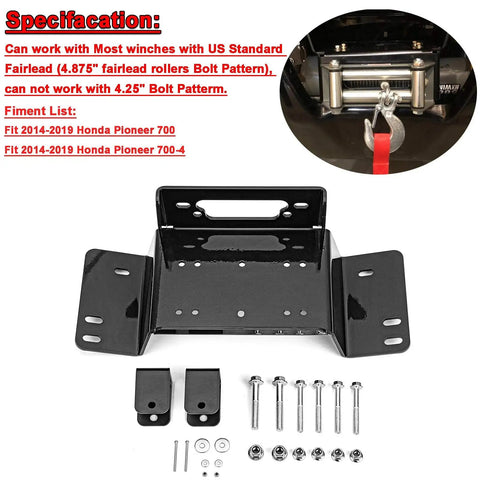 Honda Pioneer Front Bumper Winch Mount Plate Kit with bolts and hardware for 2014-2026 700-4 UTVs, shown in black steel finish.