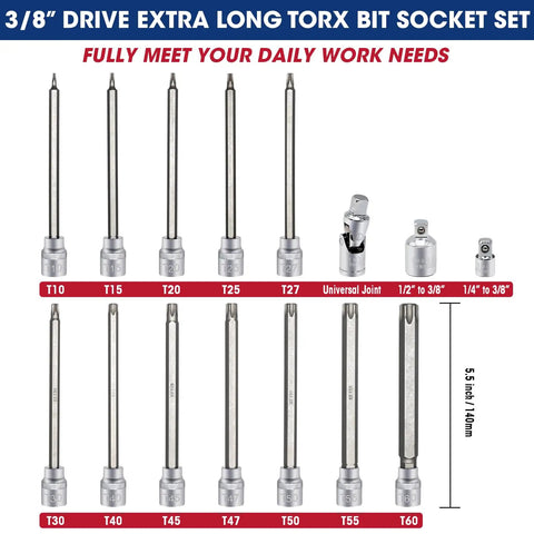15-Piece 3/8 Inch Drive Extra Long Torx Socket Set T10 Through T60 Long Reach Sockets Pro Grade CR-V And S2 Steel Construction