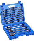 Front view of blue storage case with YOUGFIN 17-piece SDS-Plus carbide-tipped masonry drill bits and chisels.