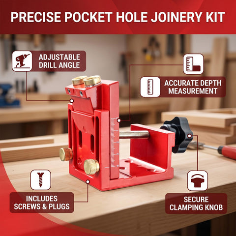 Pro Shop Adjustable Pocket Hole Jig Machined From Rugged Aluminum Alloy showing adjustable drill angle and secure clamping features.