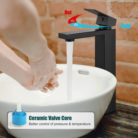 Dope Matte Black Vessel Sink Faucet With Tall Body, Single Hole Deck Mount next to basin with water flow, brick wall backdrop