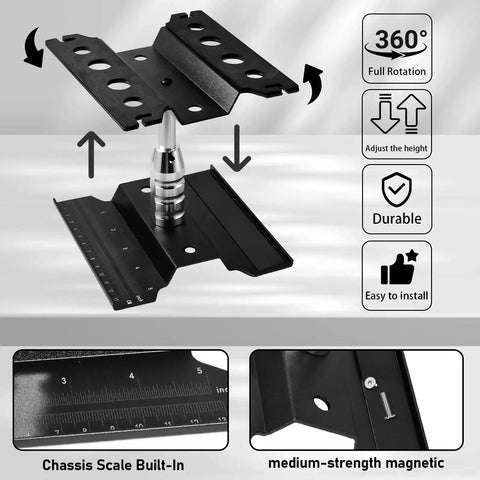 Universal RC Car Stand With Liftable Lower Adjustment And 360 Degree Rotatable Head shown with features listed